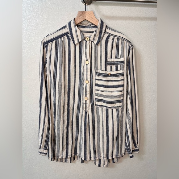 Free People Summer Breeze Stripe Popover Shirt Small Linen Blend Long Sleeve - Picture 4 of 10